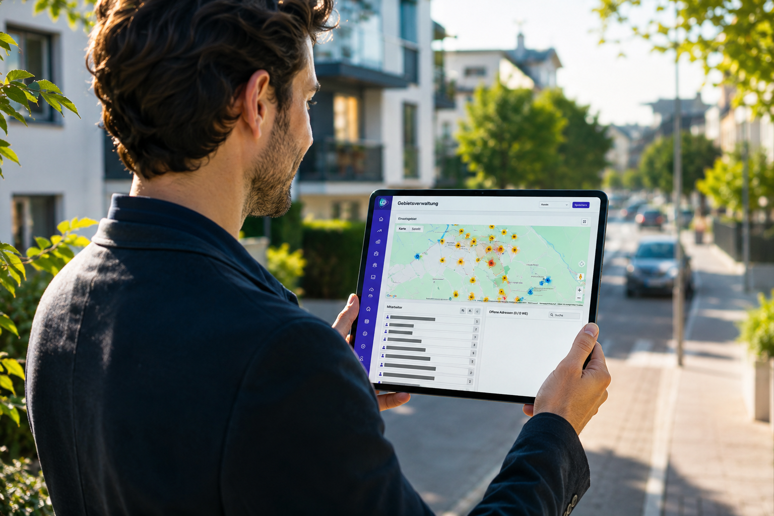 Außendienstmitarbeiter hält Tablet mit Karten-App und farbigen Adressmarkierungen im Wohngebiet