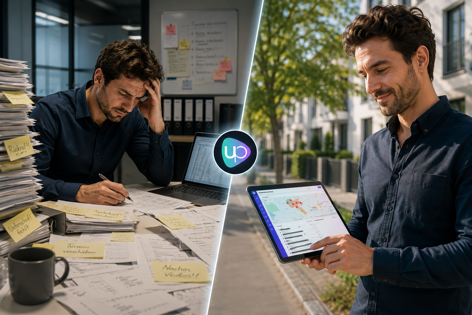 Außendienstmitarbeiter mit moderner Vertriebs App auf Tablet ersetzt analoge Papierformulare und Excel-Listen